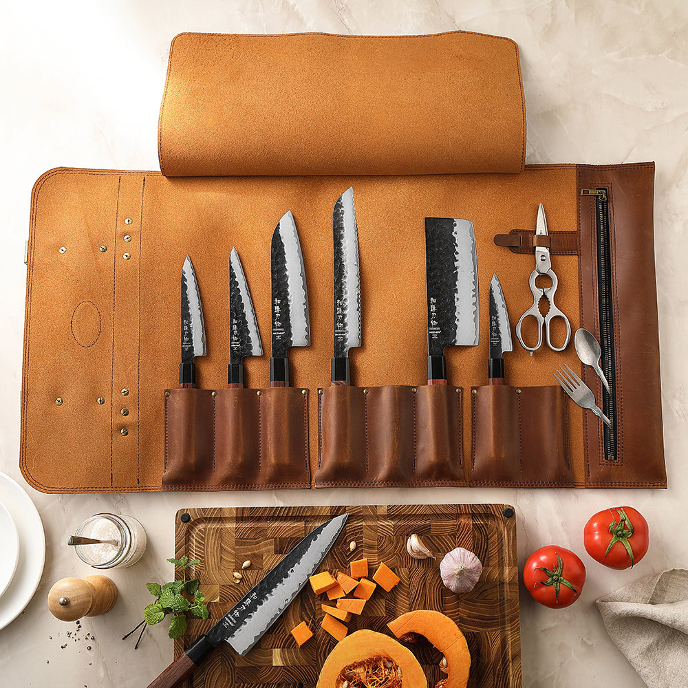 HEZHEN - Leather chef knife roll bag with Shoulder Strap