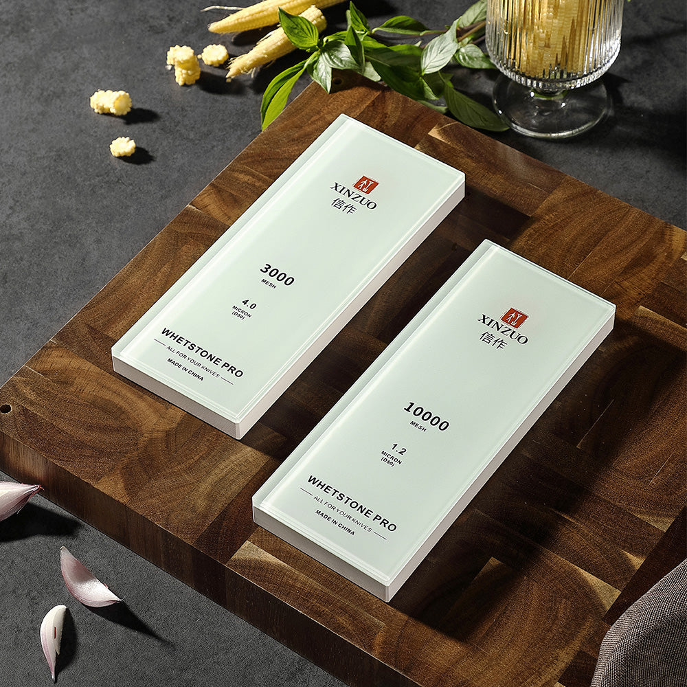 HEZHEN/XINZUO Professional Glass Base Whetstone Full Set - #1000/3000/5000/10000 Grit