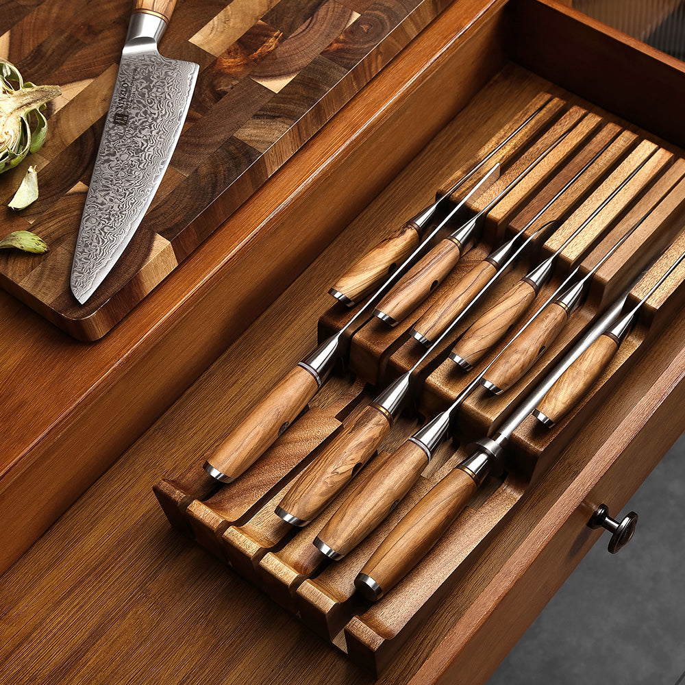 XINZUO 11 Slots acacia wood drawer knife organizer