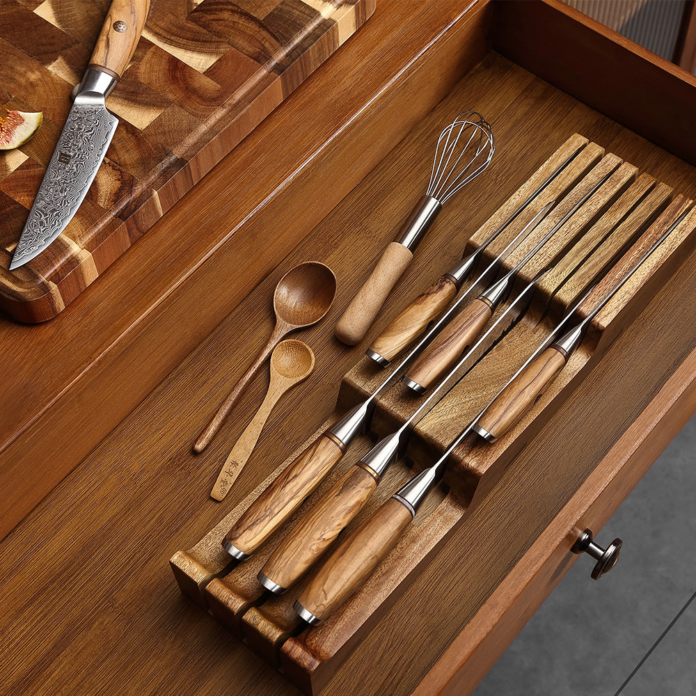 XINZUO 7 Slots acacia wood drawer knife organizer