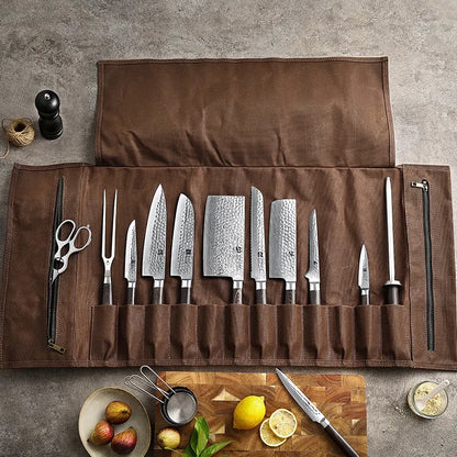 XINZUO - Chef knife roll bag with Shoulder Strap - Brown